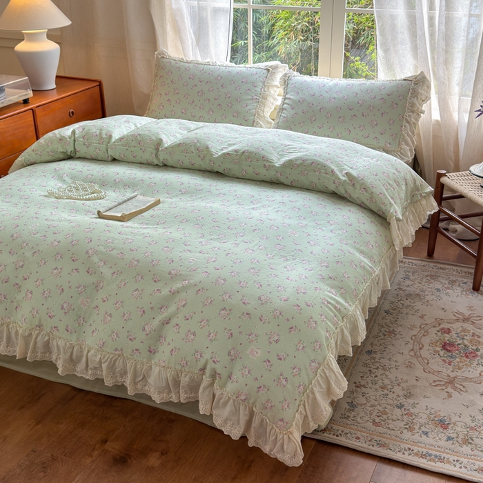 91家纺网 家纺一手货源 找家纺 淑女公社家纺 2025新款法式花边纯棉双层纱四件套 花季-绿