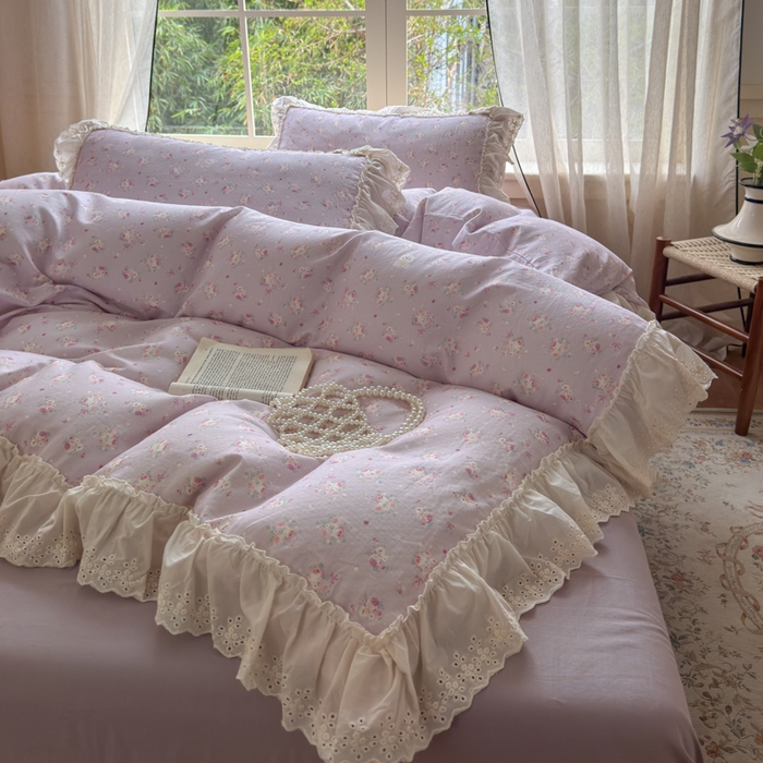 91家纺网 家纺一手货源 找家纺 淑女公社家纺 2025新款法式花边纯棉双层纱四件套 花季-紫