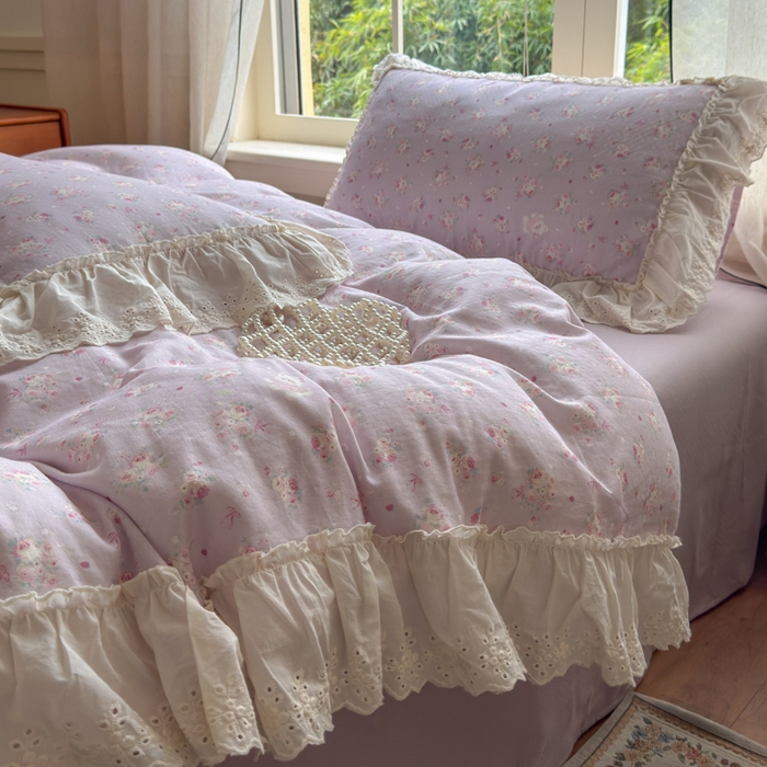 91家纺网 家纺一手货源 找家纺 淑女公社家纺 2025新款法式花边纯棉双层纱四件套 花季-紫
