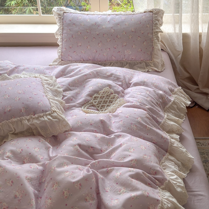 91家纺网 家纺一手货源 找家纺 淑女公社家纺 2025新款法式花边纯棉双层纱四件套 花季-紫