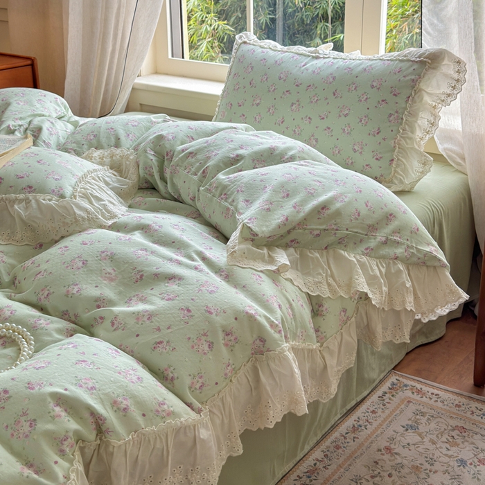 91家纺网 家纺一手货源 找家纺 淑女公社家纺 2025新款法式花边纯棉双层纱四件套 花季-绿