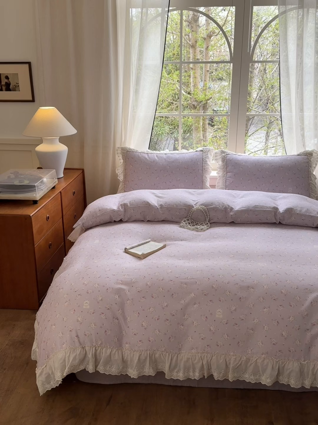 91家纺网 家纺一手货源 找家纺 淑女公社家纺 2025新款法式花边纯棉双层纱四件套 花季-紫