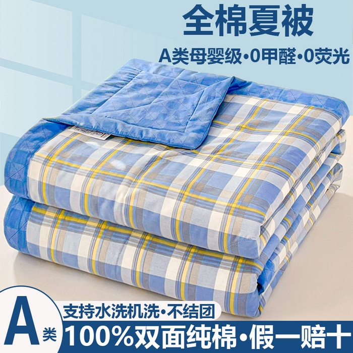 小石头家纺 2025新款A类小清新纯棉印花夏被 蓝调格韵