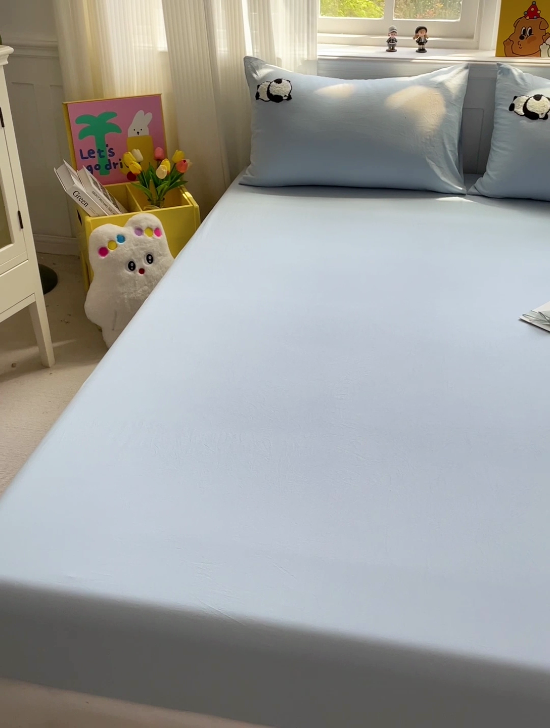 91家纺网 家纺一手货源 找家纺 海岛哥哥 2025春夏新款卡通毛巾绣床笠 顽皮熊猫-蓝