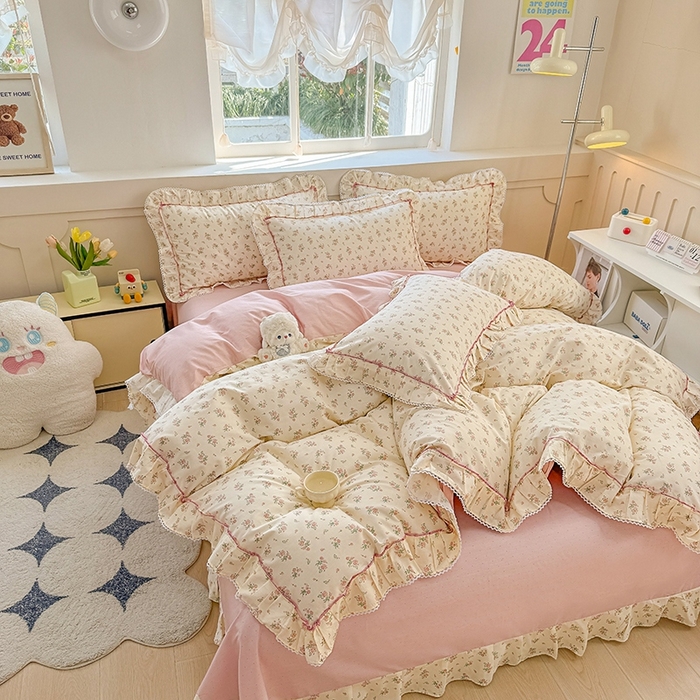 91家纺网 家纺一手货源 找家纺 缦彩家纺  2025新款韩版全棉公主风床单四件套 夕颜