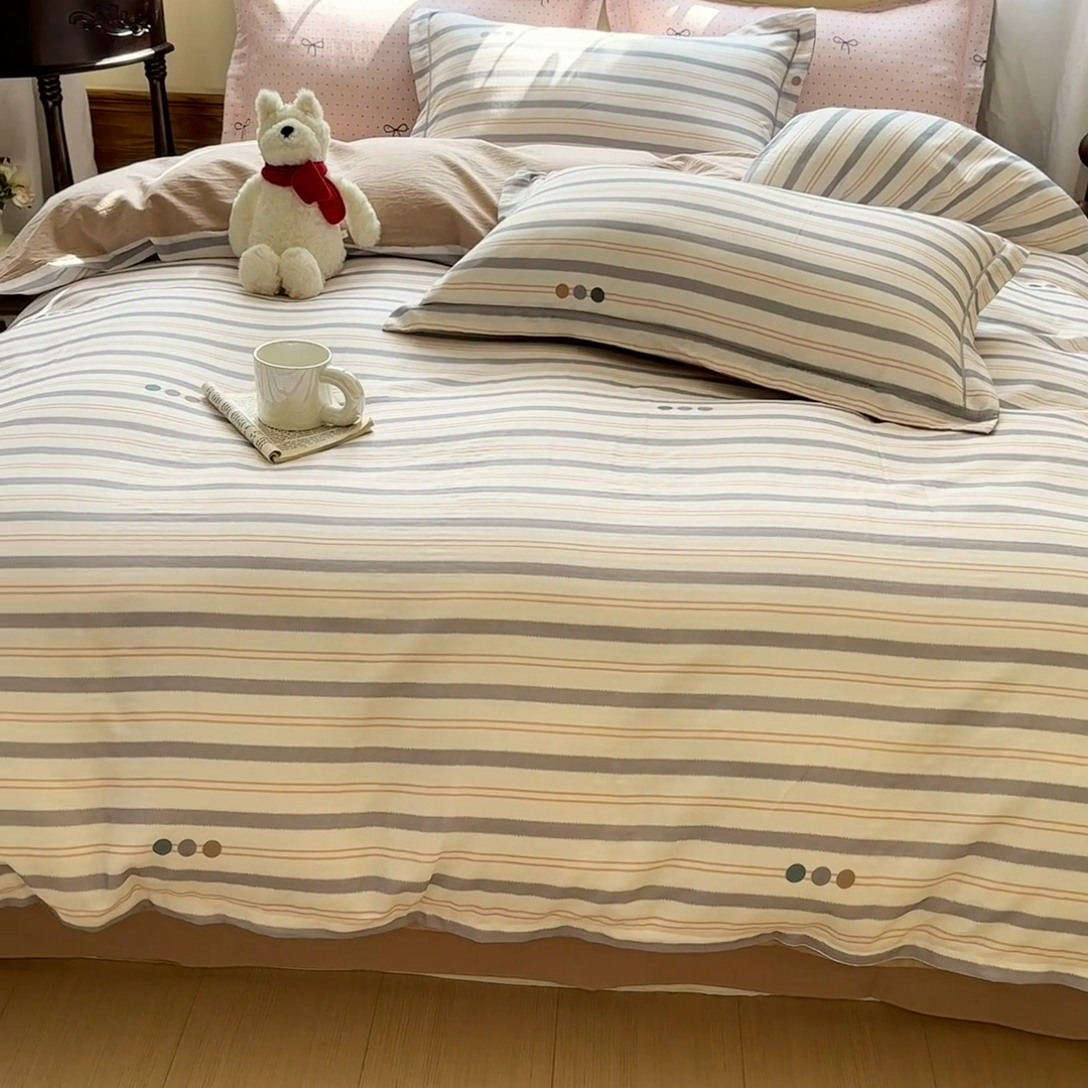 91家纺网 家纺一手货源 找家纺 喜四方 2025新款全棉A类母婴级抗菌全棉双层纱四件套 初见-灰