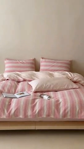 91家纺网 家纺一手货源 找家纺 小春日和 高端华夫格纯棉四件套高档民宿全棉四件套多巴胺纯棉被套人字纹纯色加大床单1.8纯色棉床笠 云牧-粉