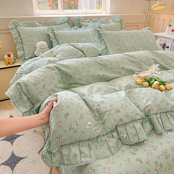 91家纺网 家纺一手货源 找家纺 缦彩家纺  2025新款韩版全棉公主风床单四件套 贝丽花都