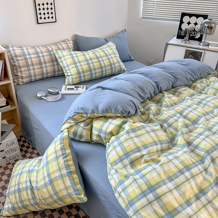 91家纺网 家纺一手货源 找家纺 （总）贝拉梦家纺 2024新款日式简约格子系水洗棉床单款床笠款套件系列-四件套