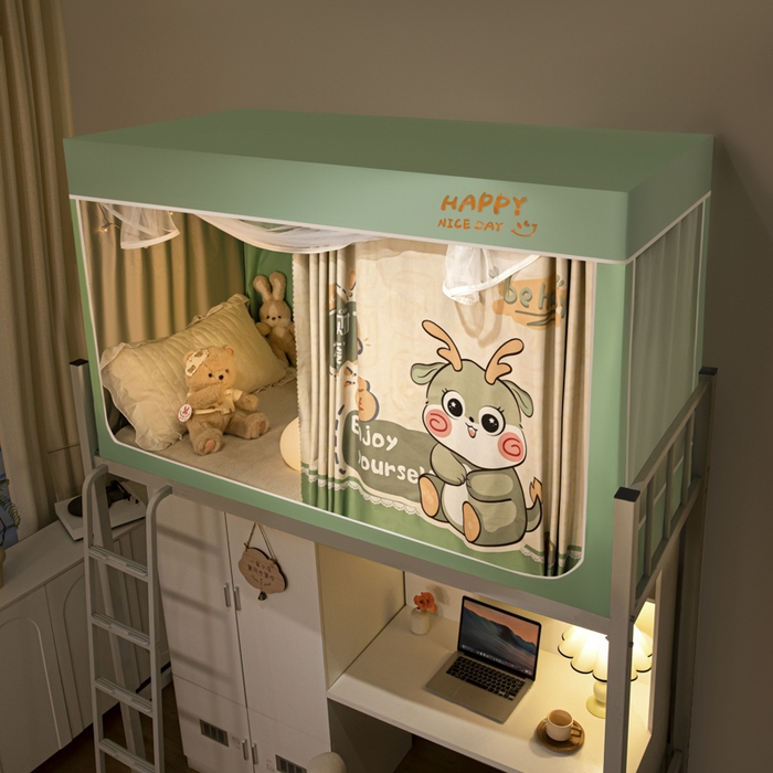 91家纺网 家纺一手货源 找家纺 觅妮家纺 2025新款99%强遮光涂银涂层大版数码印花宿舍学生床帘蚊帐 可爱龙人