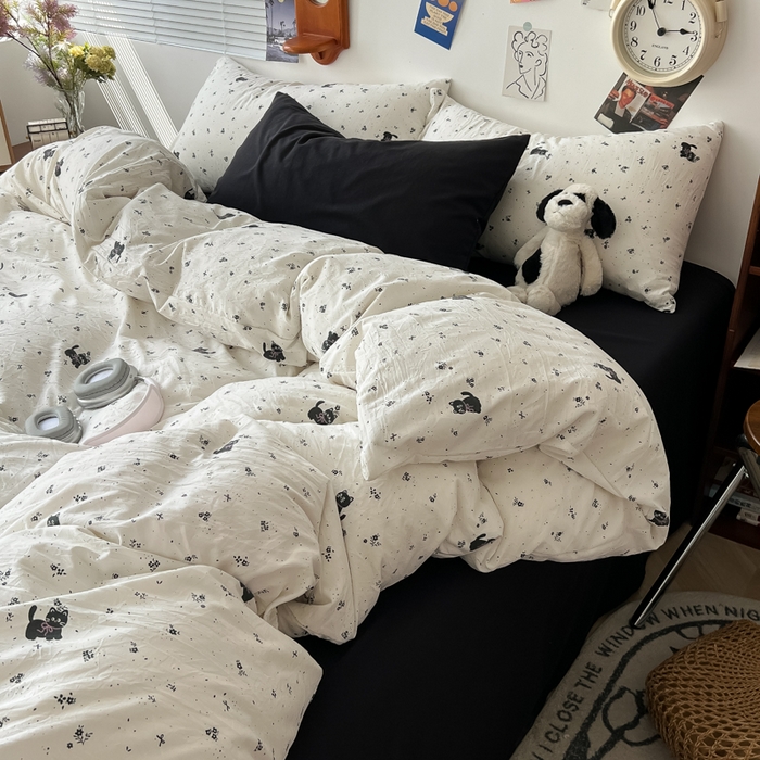 91家纺网 家纺一手货源 找家纺 罗亿家纺 罗亿家纺 2025新款软绵绵的双拼印花小清新云朵皱皱水洗棉四件套（含买家秀） 猫语日记