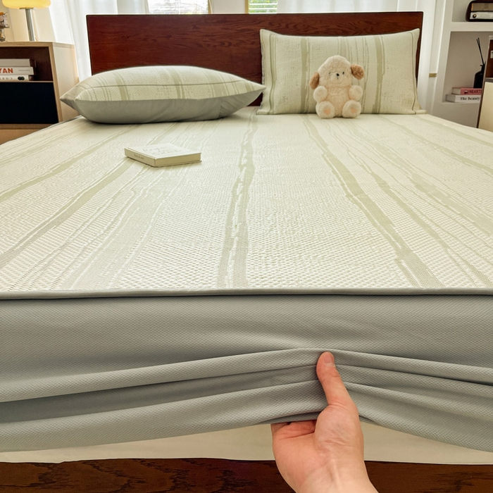 91家纺网 家纺一手货源 找家纺 雅居纺家纺 2025新款A类加厚三明治底简约提花凉感席系列-床笠款 线条-绿