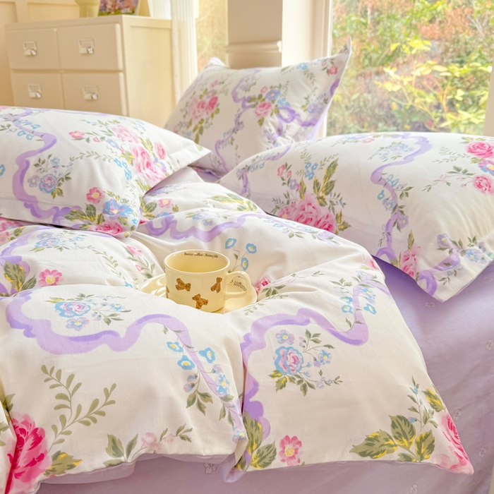 91家纺网 家纺一手货源 找家纺 佑金甜 2025新款100%全棉印花四件套纯棉印花单被套三件套（尺寸已预留）（礼盒塑封包装）（买家秀加V)粉霭玫瑰笺