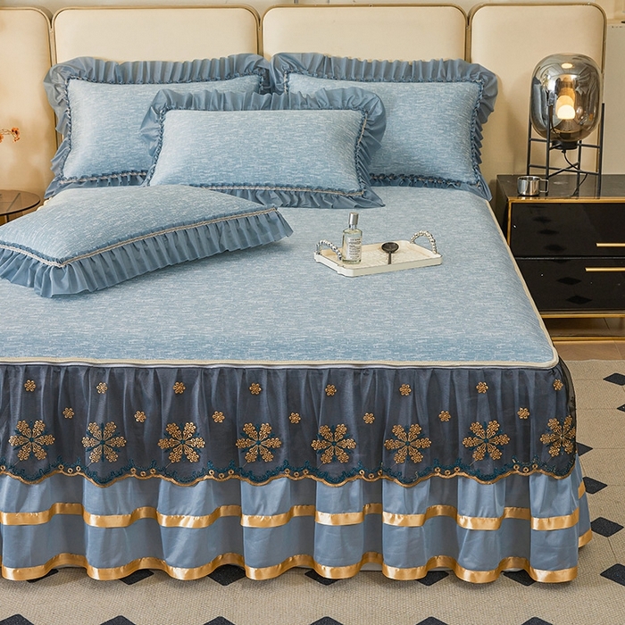 91家纺网 家纺一手货源 找家纺 （总）情恒家纺   2025新款提花PE海洋丝可脱卸床裙席三件套