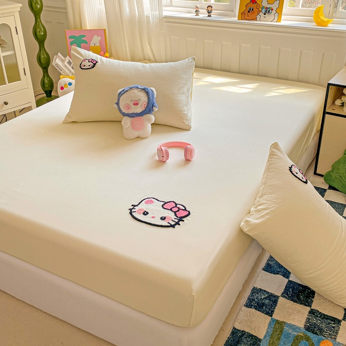 91家纺网 家纺一手货源 找家纺 海岛哥哥 2025春夏新款卡通毛巾绣床笠 粉红小喵-黄