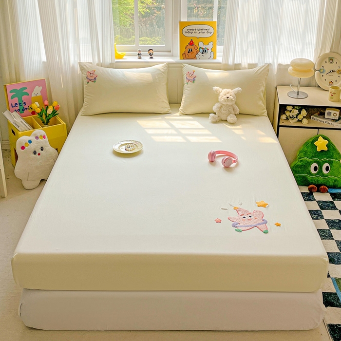 91家纺网 家纺一手货源 找家纺 海岛哥哥 2025春夏新款卡通毛巾绣床笠 可爱星星-黄