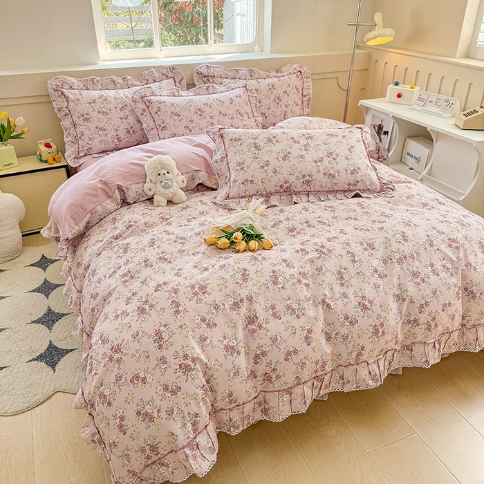 91家纺网 家纺一手货源 找家纺 缦彩家纺  2025新款韩版全棉公主风床单四件套 缤纷绮梦