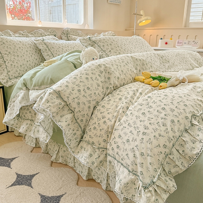 91家纺网 家纺一手货源 找家纺 缦彩家纺  2025新款韩版全棉公主风床单四件套 春野