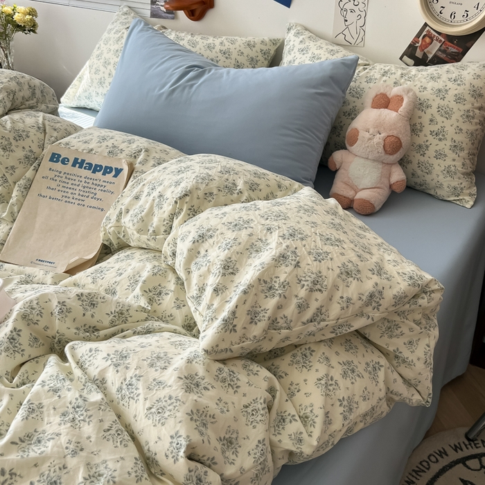 91家纺网 家纺一手货源 找家纺 罗亿家纺 罗亿家纺 2025新款软绵绵的双拼印花小清新云朵皱皱水洗棉四件套（含买家秀） 春日与玫瑰