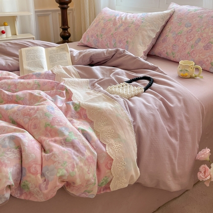 首尔2025新款全棉双层纱小碎花花边款四件套 甜美梦境