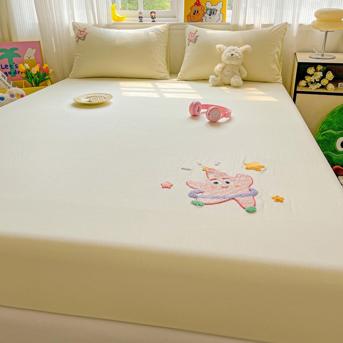 91家纺网 家纺一手货源 找家纺 海岛哥哥 2025春夏新款卡通毛巾绣床笠 可爱星星-黄