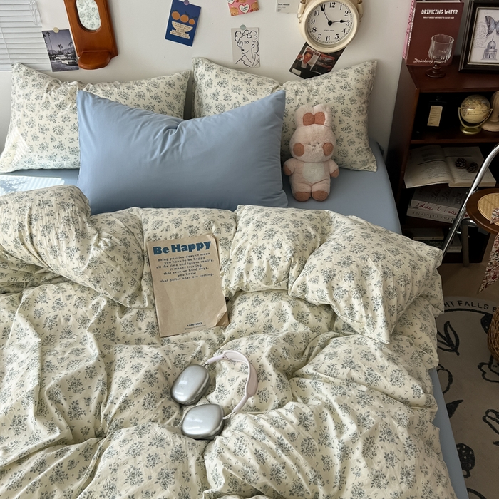 91家纺网 家纺一手货源 找家纺 罗亿家纺 罗亿家纺 2025新款软绵绵的双拼印花小清新云朵皱皱水洗棉四件套（含买家秀） 春日与玫瑰