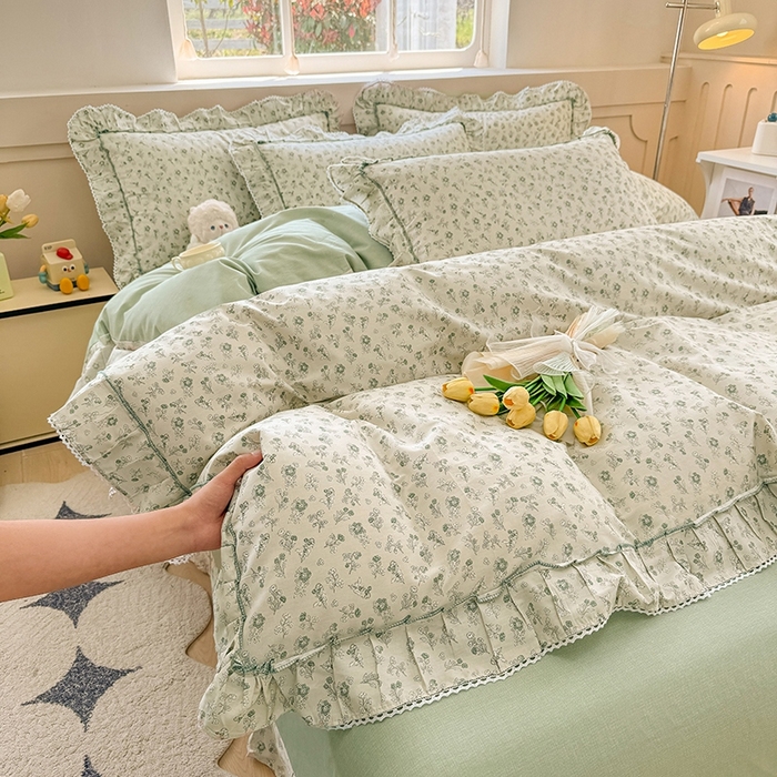 91家纺网 家纺一手货源 找家纺 缦彩家纺  2025新款韩版全棉公主风床单四件套 春野