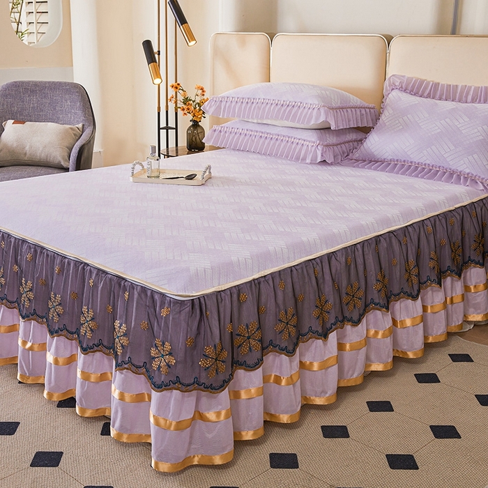 91家纺网 家纺一手货源 找家纺 情恒家纺   2025新款提花PE海洋丝可脱卸床裙席三件套 城市剪影 魅紫