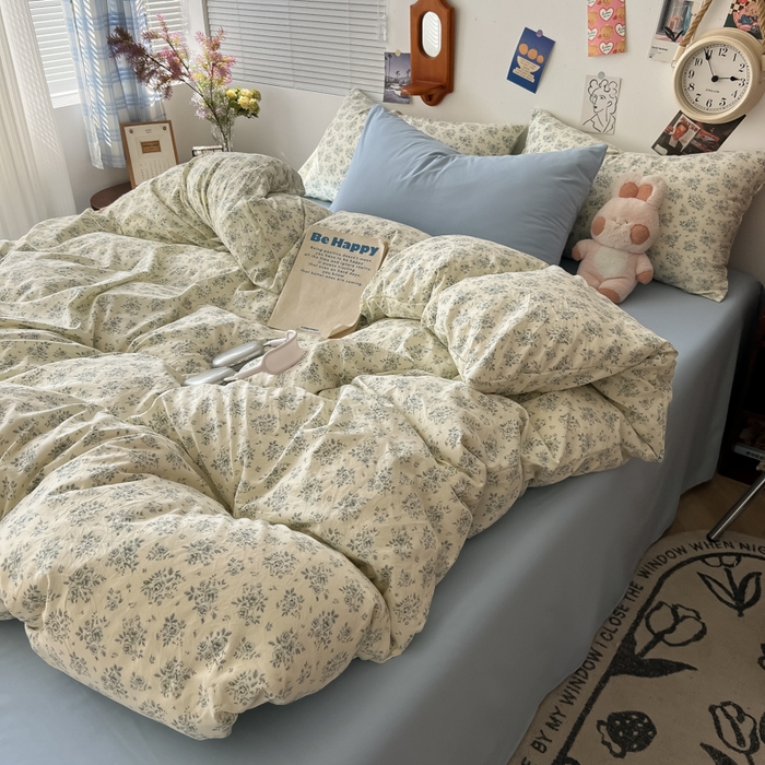 91家纺网 家纺一手货源 找家纺 罗亿家纺 罗亿家纺 2025新款软绵绵的双拼印花小清新云朵皱皱水洗棉四件套（含买家秀） 春日与玫瑰