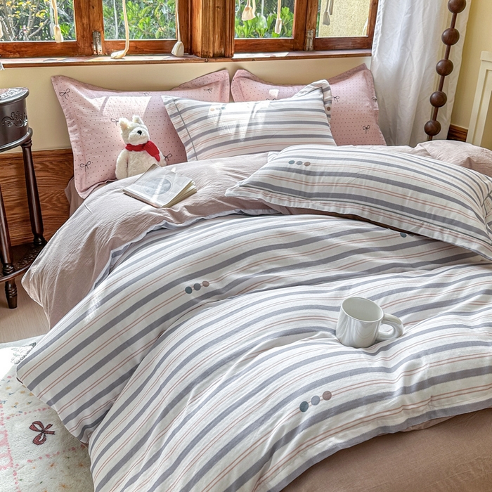 91家纺网 家纺一手货源 找家纺 喜四方 2025新款全棉A类母婴级抗菌全棉双层纱四件套 初见-灰