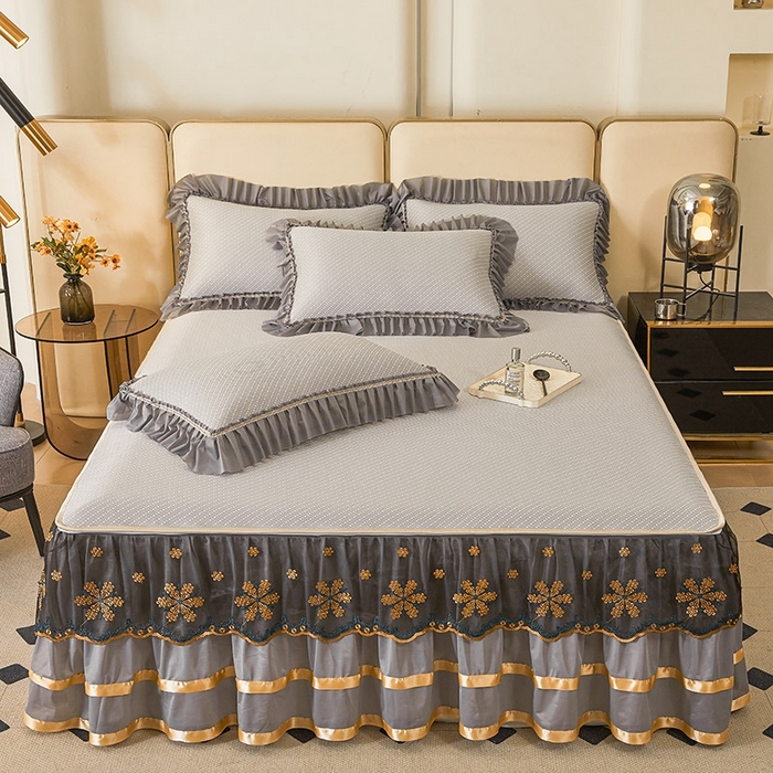 91家纺网 家纺一手货源 找家纺 情恒家纺   2025新款提花PE海洋丝可脱卸床裙席三件套 阡陌 星灰