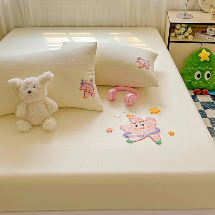 91家纺网 家纺一手货源 找家纺 海岛哥哥 2025春夏新款卡通毛巾绣床笠 可爱星星-黄