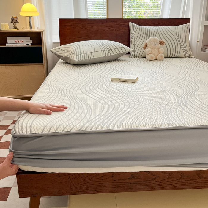 91家纺网 家纺一手货源 找家纺 雅居纺家纺 2025新款A类加厚三明治底简约提花凉感席系列-床笠款 曲线-灰