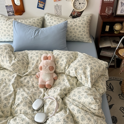 罗亿家纺 2025新款软绵绵的双拼印花小清新云朵皱皱水洗棉四件套（含买家秀） 春日与玫瑰
