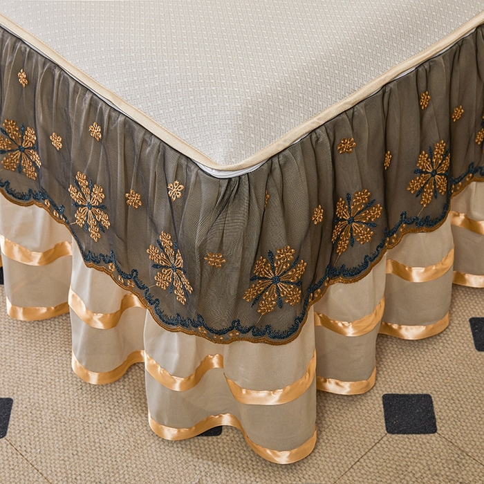 91家纺网 家纺一手货源 找家纺 情恒家纺   2025新款提花PE海洋丝可脱卸床裙席三件套 阡陌 奶咖