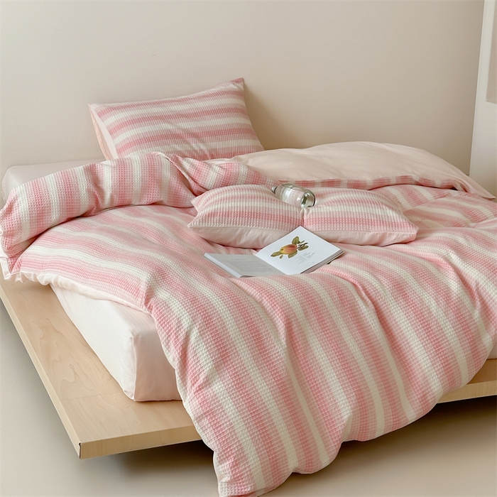 91家纺网 家纺一手货源 找家纺 （总）小春日和 高端华夫格纯棉四件套高档民宿全棉四件套多巴胺纯棉被套人字纹纯色加大床单1.8纯色棉床笠