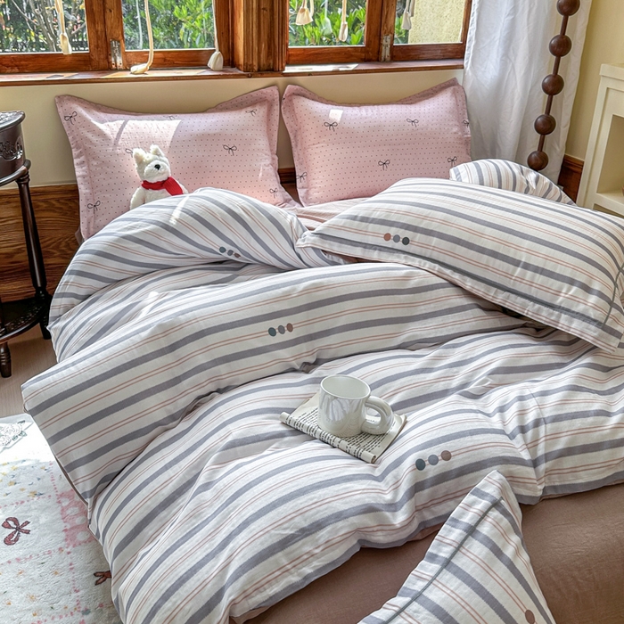 91家纺网 家纺一手货源 找家纺 喜四方 2025新款全棉A类母婴级抗菌全棉双层纱四件套 初见-灰