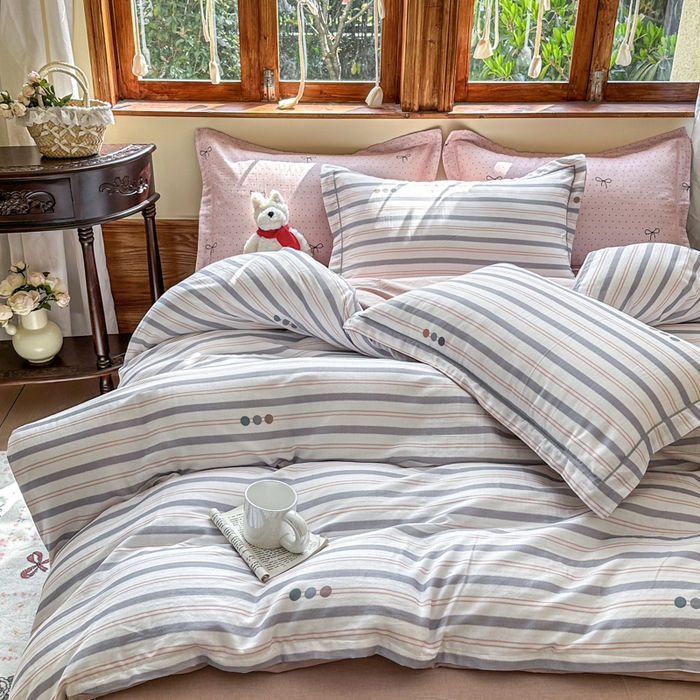 91家纺网 家纺一手货源 找家纺 喜四方 2025新款全棉A类母婴级抗菌全棉双层纱四件套 初见-灰