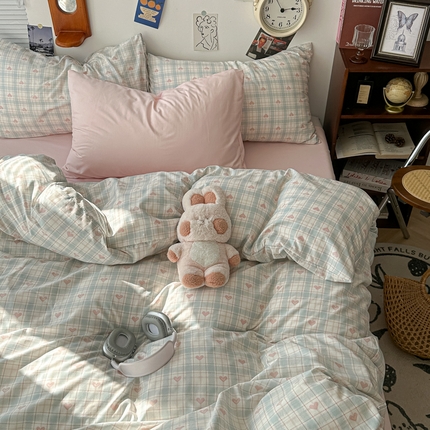罗亿家纺 2025新款软绵绵的双拼印花小清新云朵皱皱水洗棉四件套（含买家秀） 温暖粉心