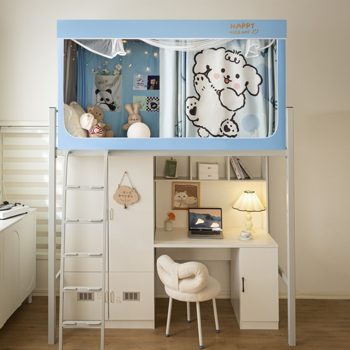 91家纺网 家纺一手货源 找家纺 觅妮家纺 2025新款99%强遮光涂银涂层大版数码印花宿舍学生床帘蚊帐 微笑狗狗