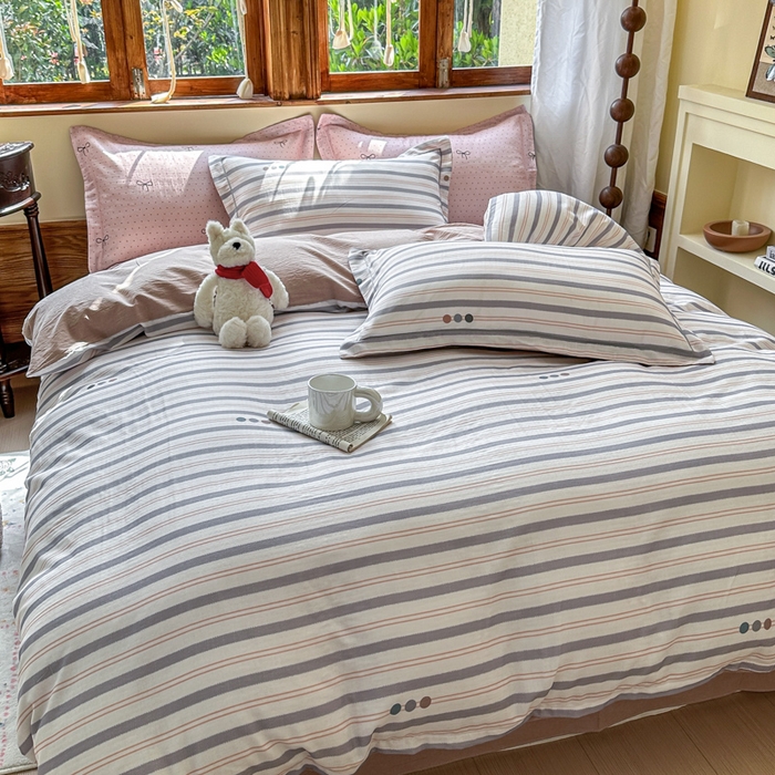 91家纺网 家纺一手货源 找家纺 喜四方 2025新款全棉A类母婴级抗菌全棉双层纱四件套 初见-灰