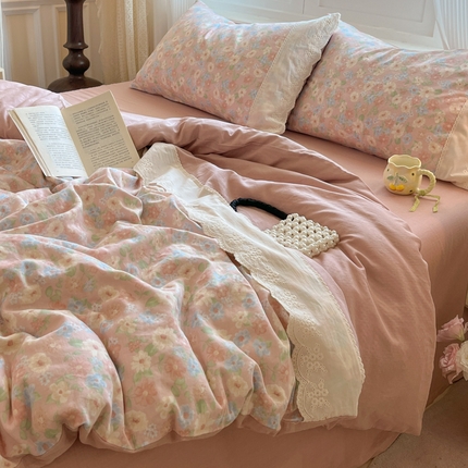 首尔2025新款全棉双层纱小碎花花边款四件套 兰桂坊-粉