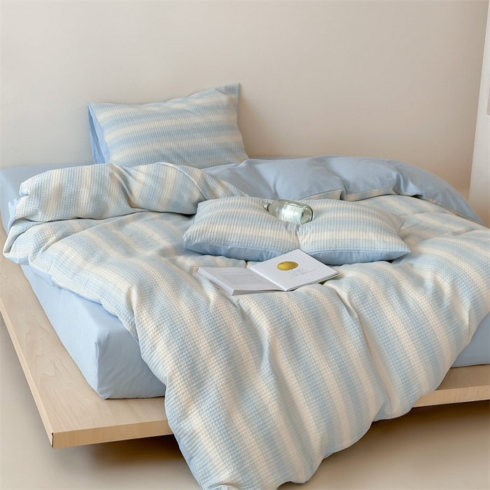 91家纺网 家纺一手货源 找家纺 小春日和 高端华夫格纯棉四件套高档民宿全棉四件套多巴胺纯棉被套人字纹纯色加大床单1.8纯色棉床笠 云牧-兰