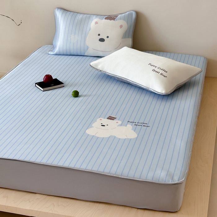 91家纺网 家纺一手货源 找家纺 如一2025A类ins大版数码卡通印花冰丝凉感席 咖啡狗-床笠-床笠