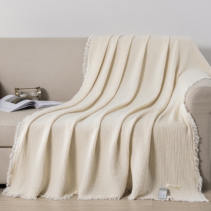 皇寝世家家居 2025新款A类全棉针织四层纱苏流毯子沙发盖毯 午睡复古毛毯 静谧-奶白