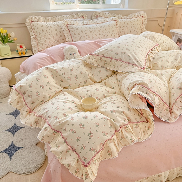 91家纺网 家纺一手货源 找家纺 缦彩家纺  2025新款韩版全棉公主风床单四件套 夕颜