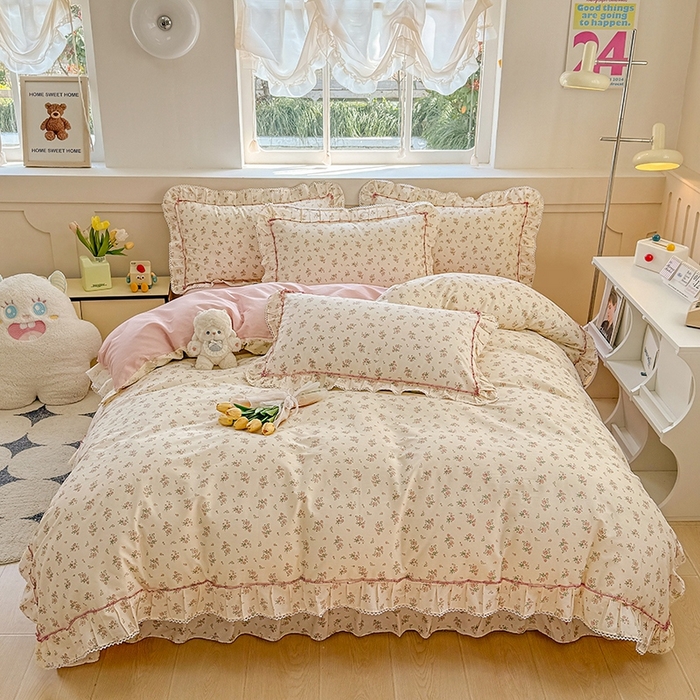 91家纺网 家纺一手货源 找家纺 缦彩家纺  2025新款韩版全棉公主风床单四件套 夕颜