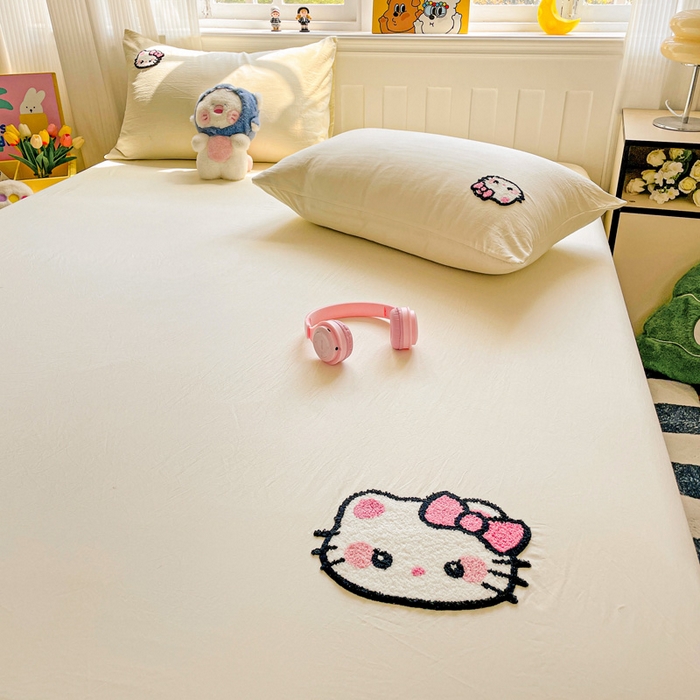 91家纺网 家纺一手货源 找家纺 海岛哥哥 2025春夏新款卡通毛巾绣床笠 粉红小喵-黄