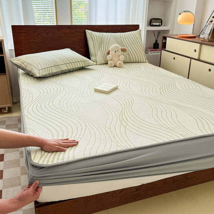 91家纺网 家纺一手货源 找家纺 雅居纺家纺 2025新款A类加厚三明治底简约提花凉感席系列-床笠款 曲线-绿