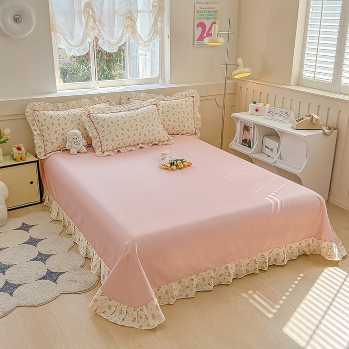 91家纺网 家纺一手货源 找家纺 缦彩家纺  2025新款韩版全棉公主风床单四件套 夕颜